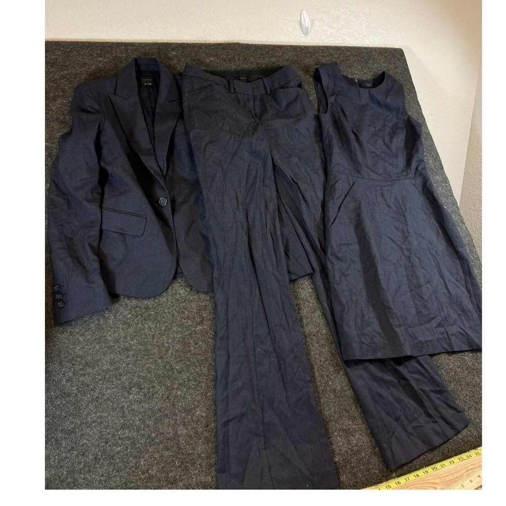 Lot Of 3 Theory Suit Set Womens Blazer Pants Dress Charcoal Gray Herringbone